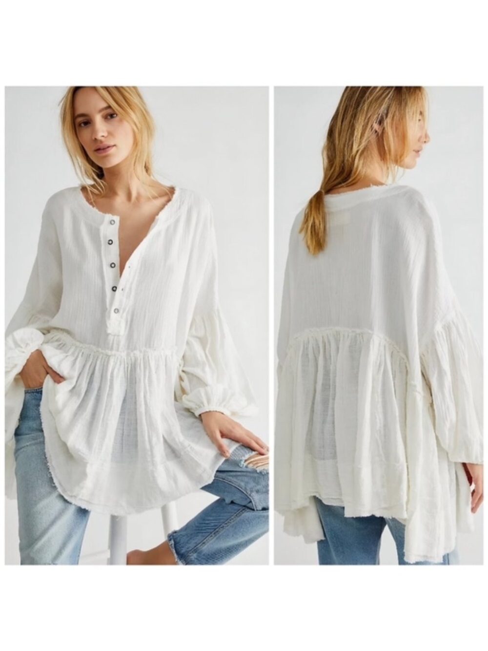 Free People Keeping it Cool White Gauze Tiered Henley Tunic